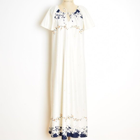 vintage 70s maxi dress cream navy floral border print caftan tent hippie boho M - Picture 2 of 11